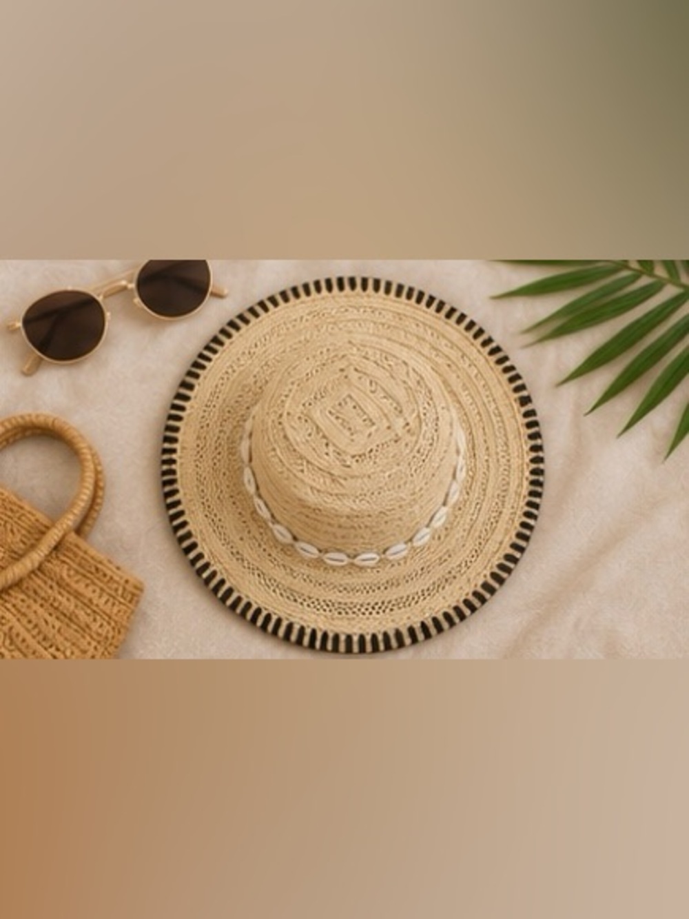 Chico’s Straw Sun Hat Cowrie Shell Trim Black Whipstitch Wide Brim Beach Resort - Picture 9 of 14